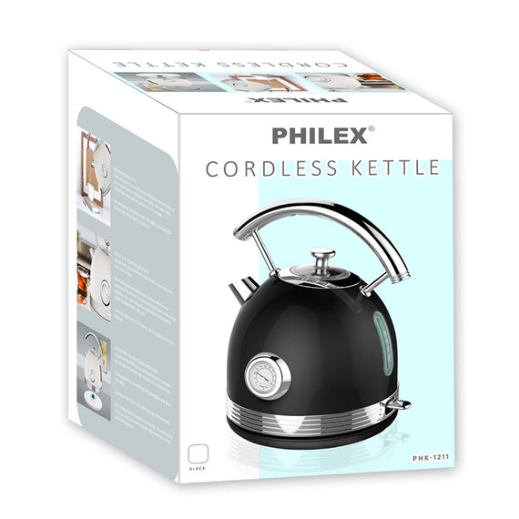 PHILEX Electric Kettle Water Boiler Stainless Steel Retro 1.7L BLACK