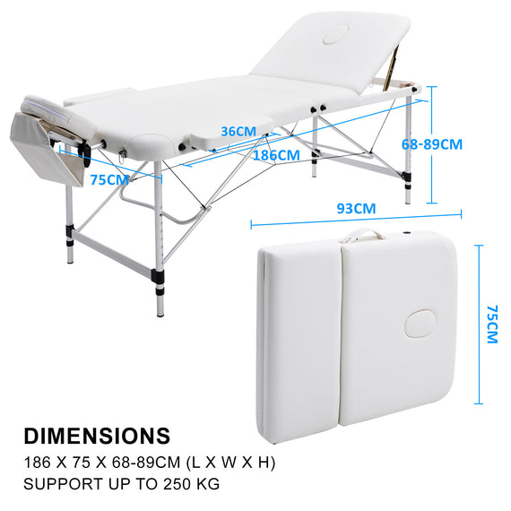 Forever Beauty White Portable Beauty Massage Table Bed Therapy Waxing 3 Fold 75cm Aluminium
