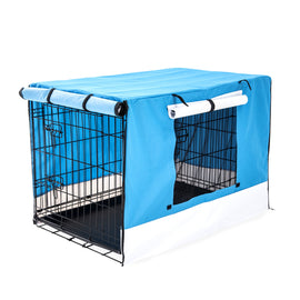 Wire Dog Cage Foldable Crate Kennel 42in with Tray + BLUE Cover Combo