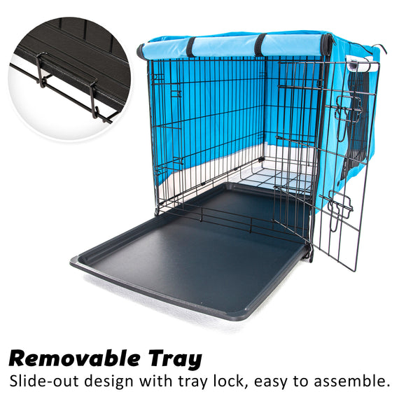 Wire Dog Cage Crate 42in with Tray + Cushion Mat + BLUE Cover Combo