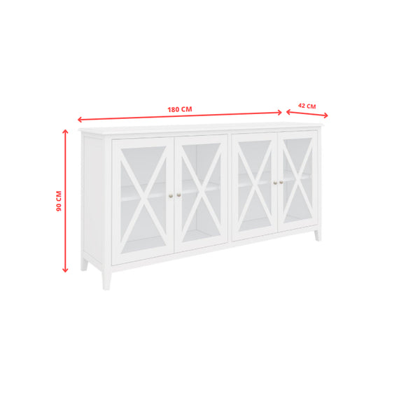 Daisy Buffet Table 180cm 4 Glass Door Solid Acacia Wood Hampton Furniture -White