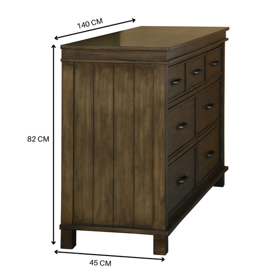 Lily Dresser 7 Chest of Drawers Solid Wood Tallboy Storage Cabinet - Rustic Grey