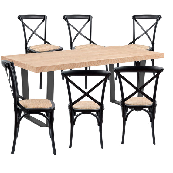 Petunia  7pc 180cm Dining Table Set 6 Cross Back Chair Elm Timber Wood Metal Leg