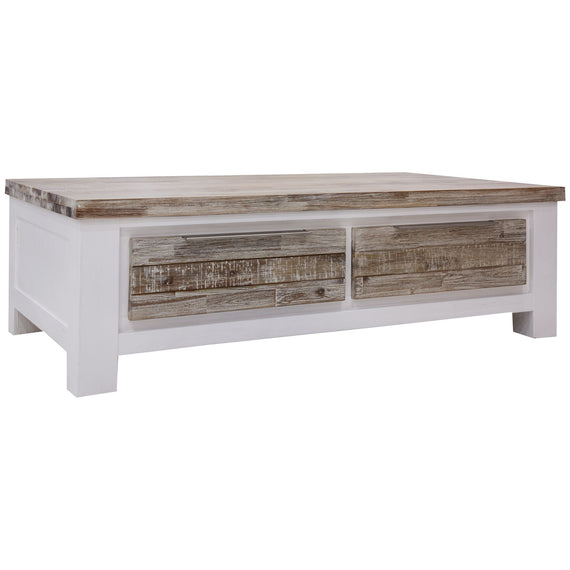 Plumeria Coffee Table 130cm 2 Drawer Solid Acacia Timber Wood - White Brush