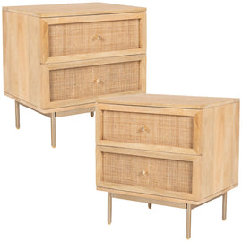 Martina Set of 2 Bedside Table 2 Drawer Storage Cabinet Solid Mango Wood Rattan