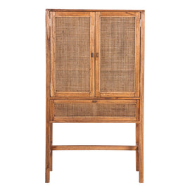 Jasmine Tall Storage Cabinet 90cm 2 Door 1 Drawer Mindi Wood Rattan - Brown