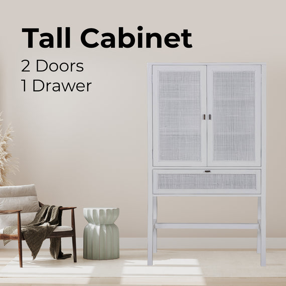 Jasmine Tall Storage Cabinet 90cm 2 Door 1 Drawer Mindi Wood Rattan - White