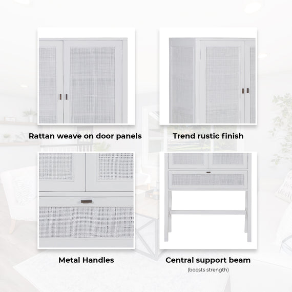 Jasmine Tall Storage Cabinet 90cm 2 Door 1 Drawer Mindi Wood Rattan - White