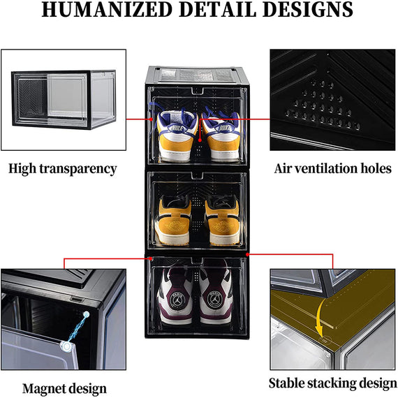 6x Large Shoe Storage Boxes Stackable Shoe Box Organisers Containers Display Cases Bins Magnetic Door