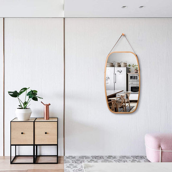 Full Length Bathroom Wall Mount Hanging Bamboo Frame Mirror Adjustable Strap Wall Mirror Home Decor