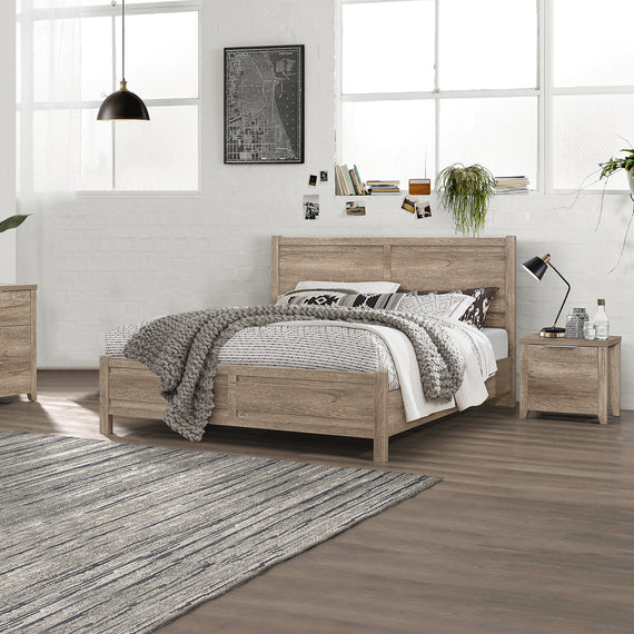 3 Pieces Bedroom Suite Natural Wood Like MDF Structure Double Size Oak Colour Bed, Bedside Table