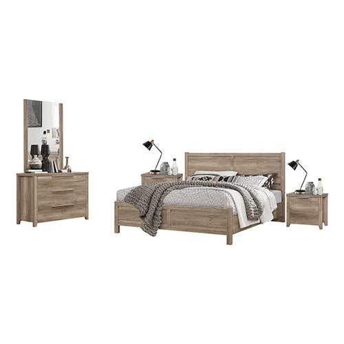 4 Pieces Bedroom Suite Natural Wood Like MDF Structure Queen Size Oak Colour Bed, Bedside Table & Dresser