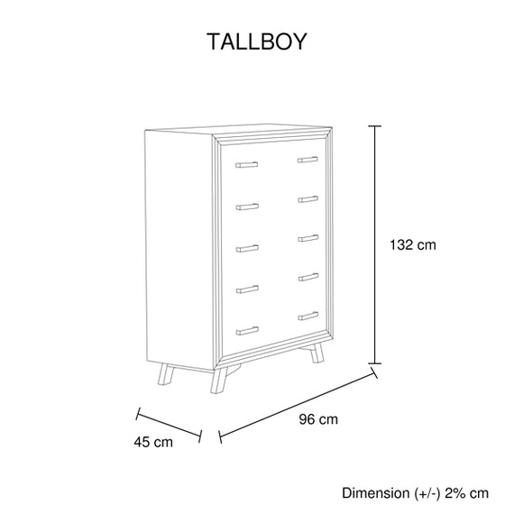 5 Pieces Bedroom Suite King Size Silver Brush in Acacia Wood Construction Bed, Bedside Table, Tallboy & Dresser