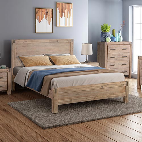 Queen size Bed Frame in Solid Acacia Veneered Medium High Headboard in Oak