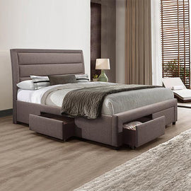 Storage Bed Frame Queen Size Upholstery Fabric in Light Grey with Base Drawers