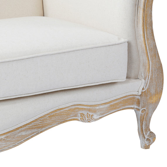 Oak Wood White Washed Finish Rolled Armrest 3 Seater Sofa Linen Fabric