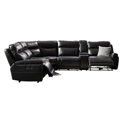 6 Seater Corner Sofa with Genuine Leather Black Armless Recliners Straight Console Lounge Set for Living Room