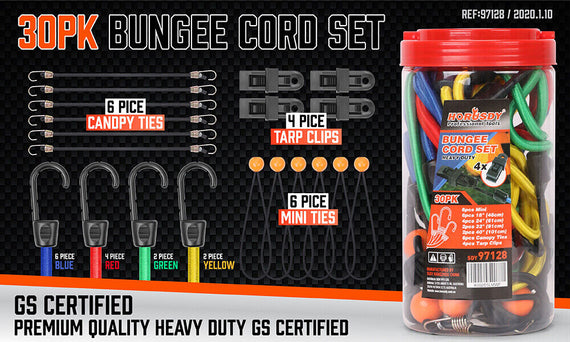 30-Piece Premium Bungee Cord Assortment Includes 10” to 40” Bungee Cords, Canopy Ties & Tarp Clips