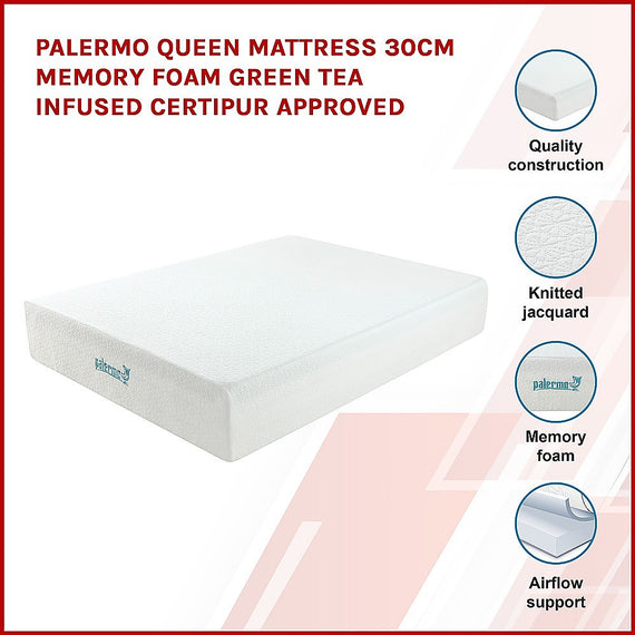 Palermo Queen Mattress 30cm Memory Foam Green Tea Infused CertiPUR Approved