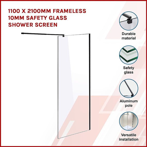 1000 x 2100mm Frameless 10mm Safety Glass Shower Screen