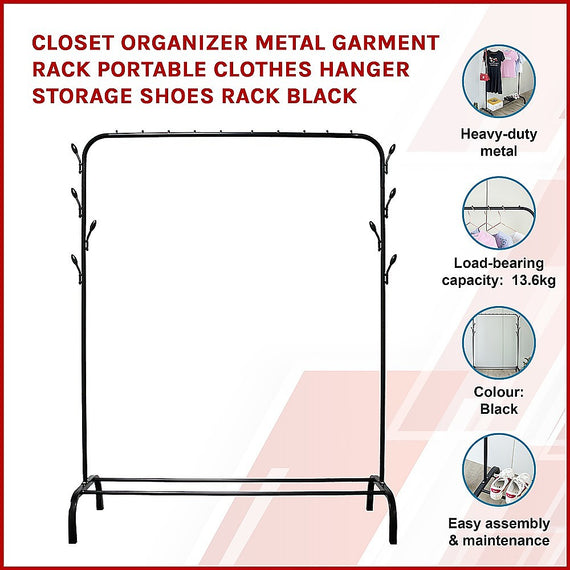Closet Organizer Metal Garment Rack Portable Clothes Hanger Storage Shoes Rack Black