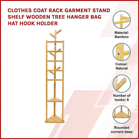 Clothes Coat Rack Garment Stand Shelf Wooden Tree Hanger Bag Hat Hook Holder