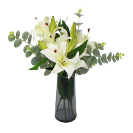 Premium Faux White Lily In Glass Vase (Tiger Lily Bouquet With Eucalyptus)