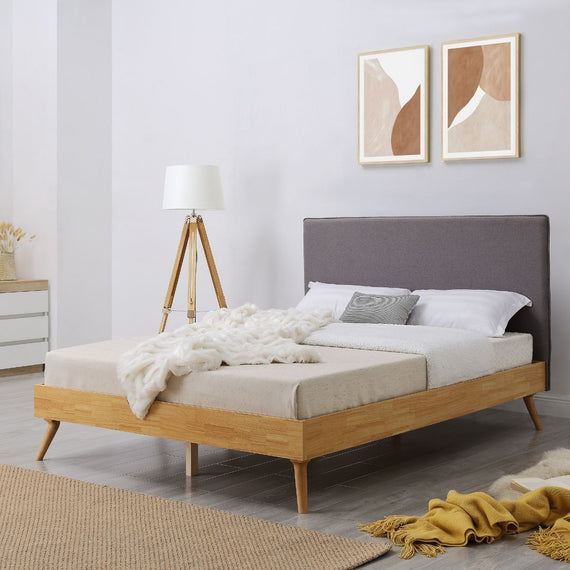 Natural Oak Ensemble Bed Frame Wooden Slat Fabric Headboard Queen