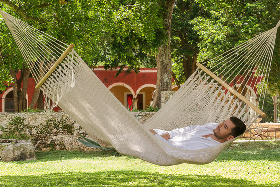 Mayan Legacy Queen Size Outdoor Cotton Mexican Resort Hammock With Fringe in Cream Colour