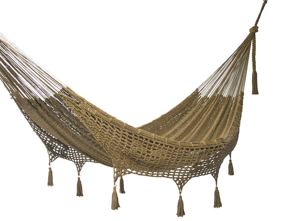 Outdoor undercover cotton Mayan Legacy hammock with hand crocheted tassels Queen Size Cedar