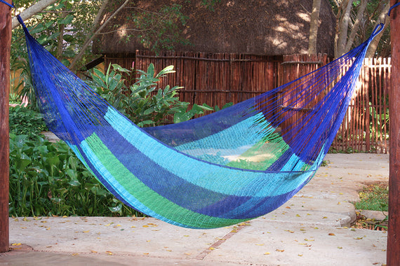 Mayan Legacy Queen Size Outdoor Cotton Mexican Hammock in Oceanica Colour