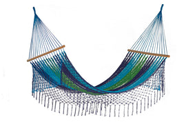 Mayan Legacy King Size Outdoor Cotton Mexican Resort Hammock With Fringe in Oceanica Colour