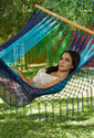 Mayan Legacy Queen Size Outdoor Cotton Mexican Resort Hammock With Fringe in Oceanica Colour