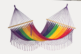 Mayan Legacy Queen Size Outdoor Cotton Mexican Resort Hammock With Fringe in Rainbow Colour